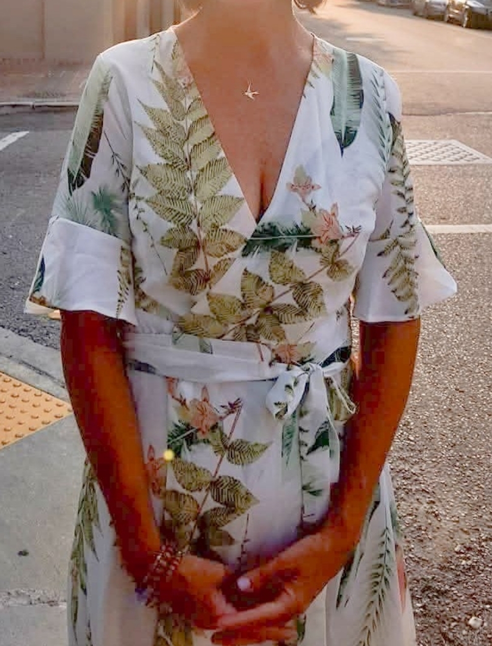 Chicwish White Dress with Green & Soft Pink Botanical Print